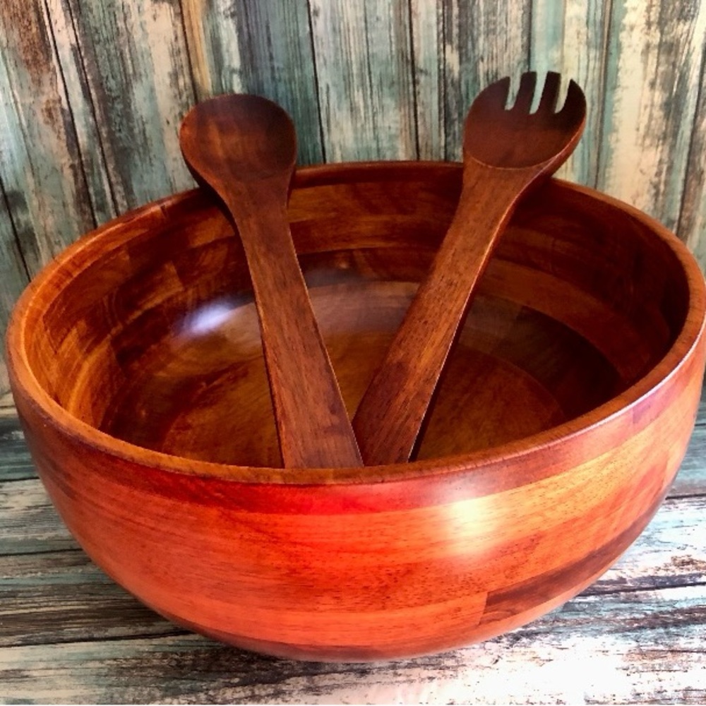 Cherry Finished Wood Bowl with 2 wood serving utensils.